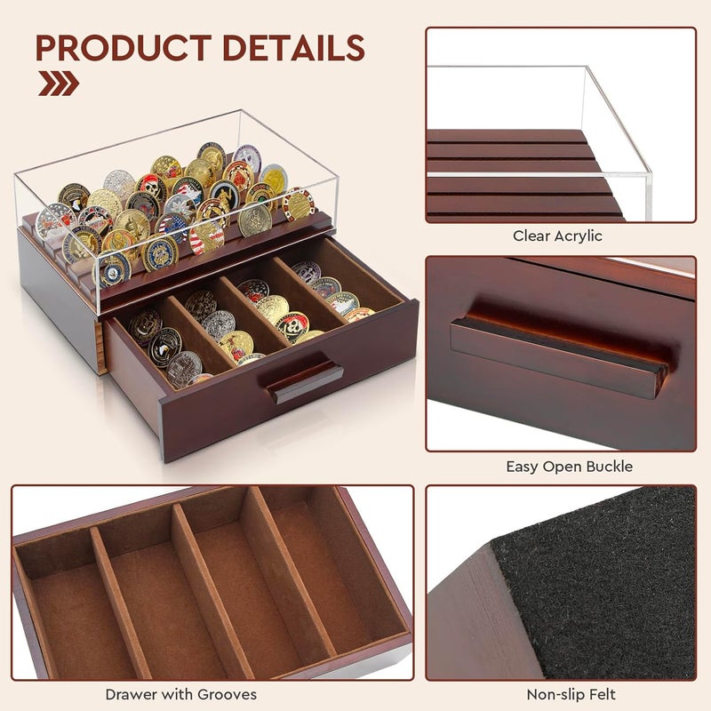 ULTRGEE Challenge Coin Display Case, Military Coin Collection Holder with Wooden Coin Box, Drawers, and Clear Acrylic Lid – Gifts for Coins Collectors (6 Rows) - Image 3